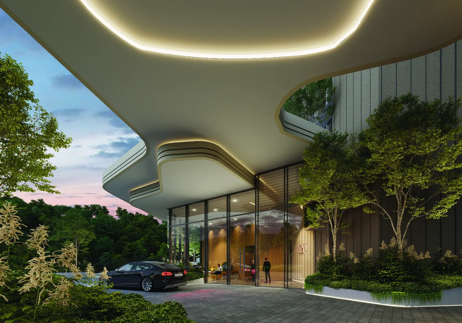 Residensi Bayu Damai official entrance canopy render at dusk, Kota Kinabalu