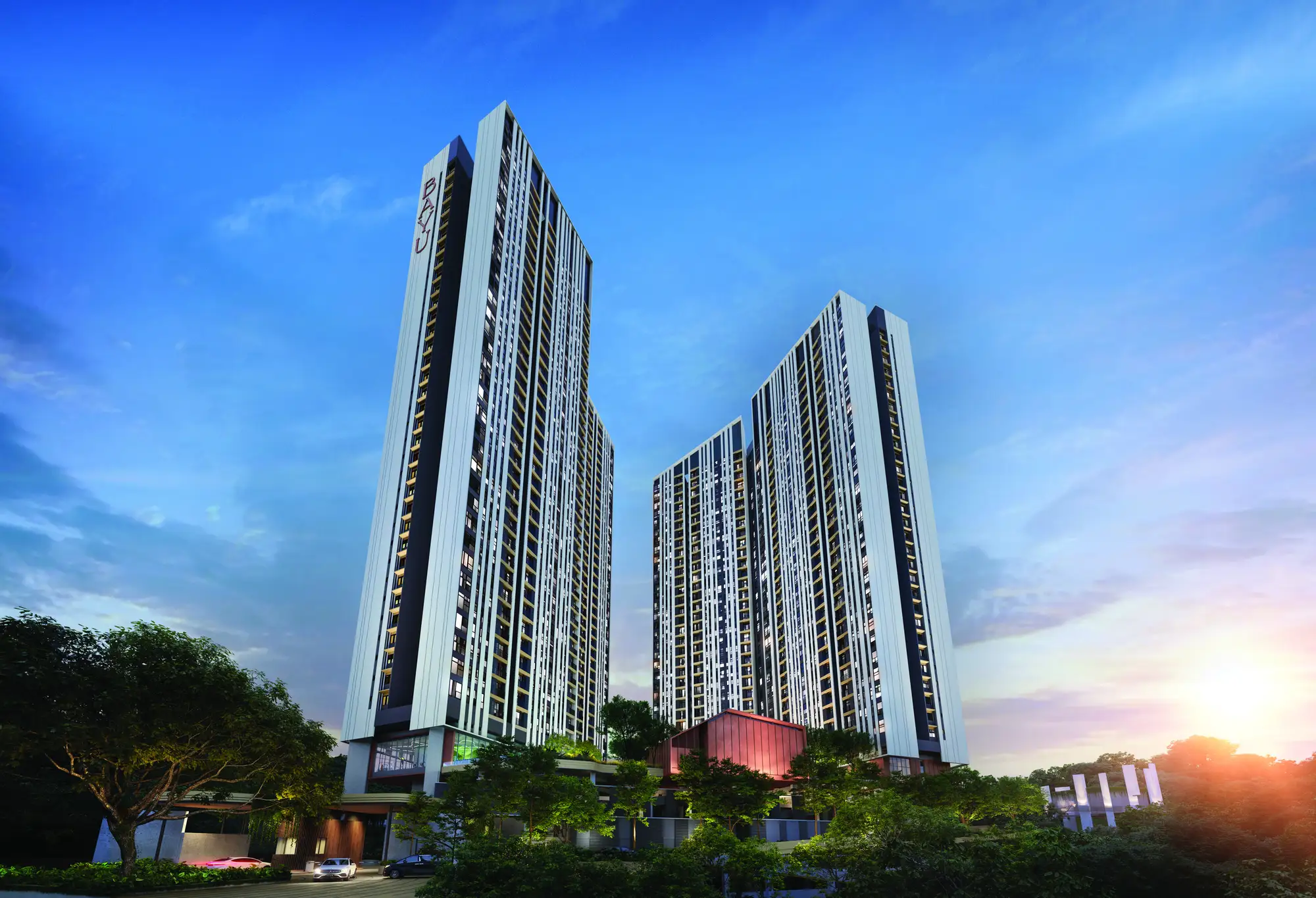 Residensi Bayu Damai twin tower facade official render at dusk, Kota Kinabalu, Sabah