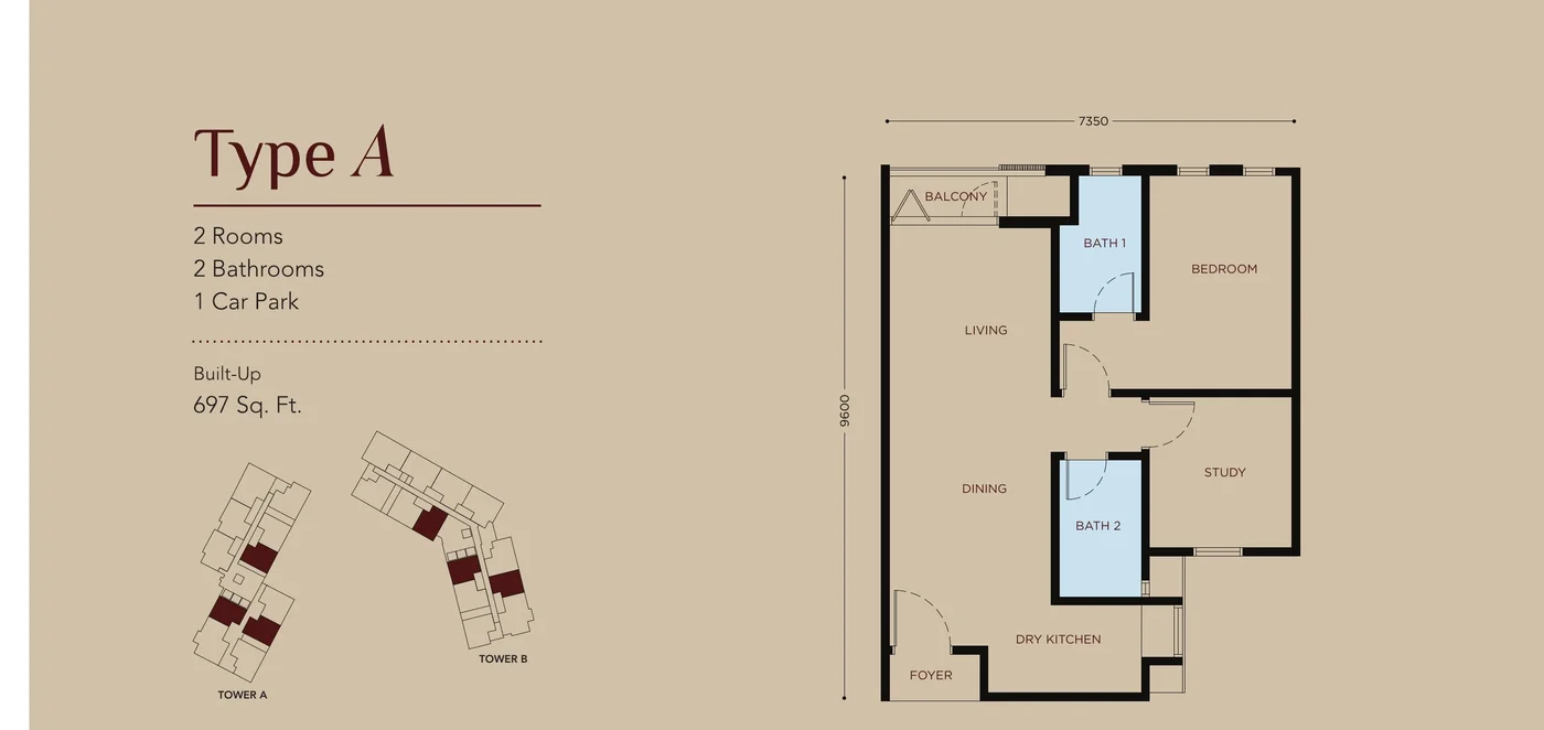 Residensi Bayu Damai Type A official floor plan, 697 sq ft, 2 rooms 2 bathrooms
