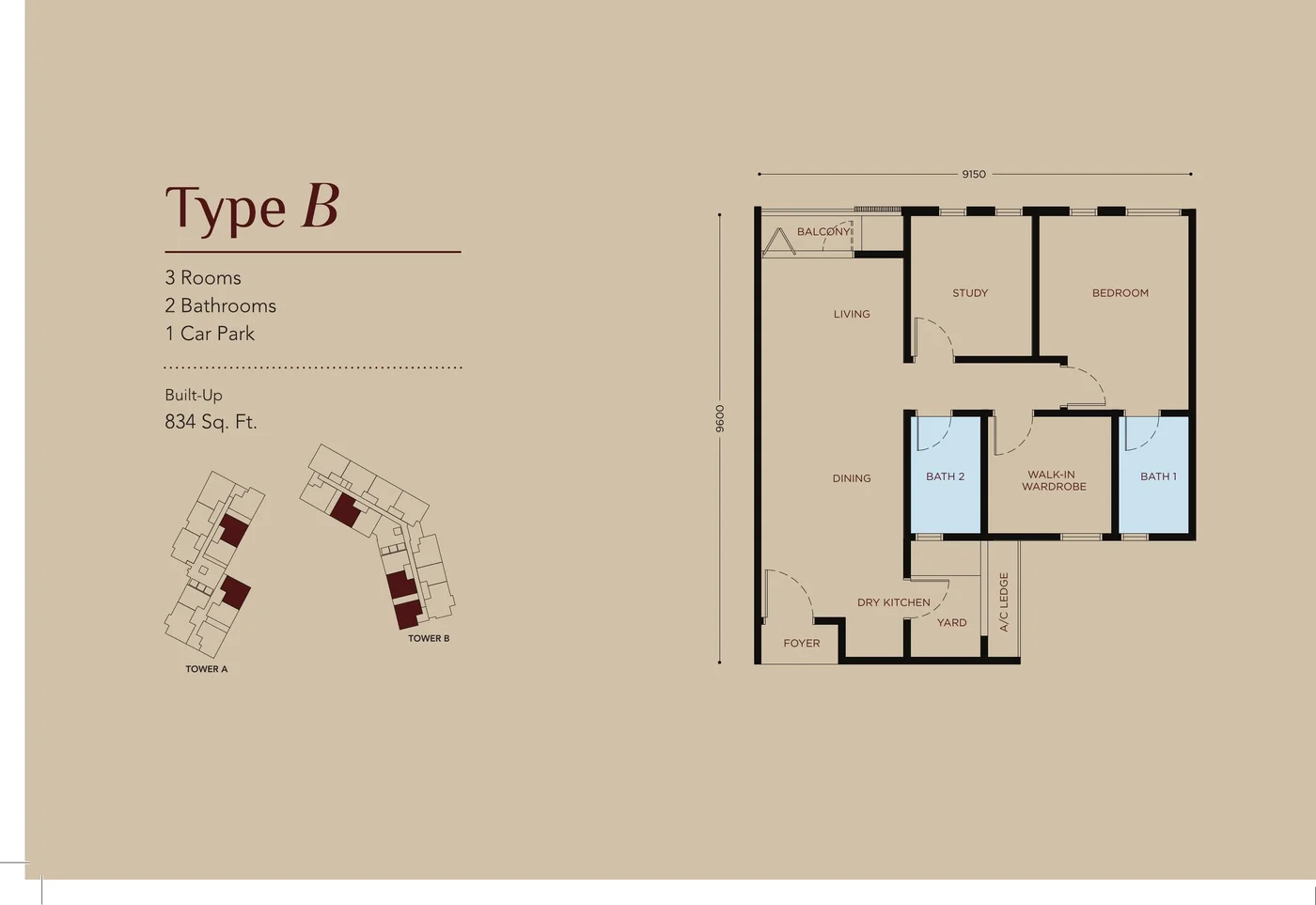 Residensi Bayu Damai Type B official floor plan, 834 sq ft, 3 rooms 2 bathrooms