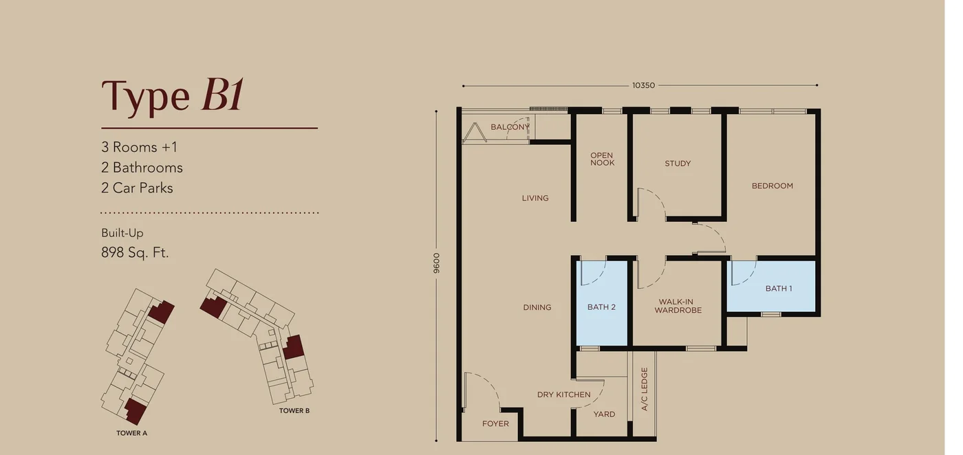 Residensi Bayu Damai Type B1 official floor plan, 898 sq ft, 3 rooms plus 1 study, 2 bathrooms
