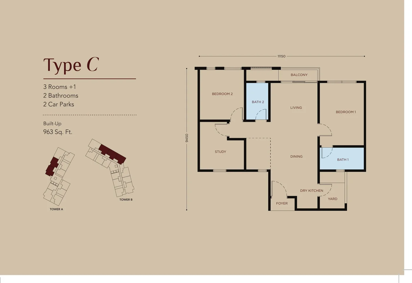 Residensi Bayu Damai Type C official floor plan, 963 sq ft, 3 rooms plus 1 study, 2 bathrooms