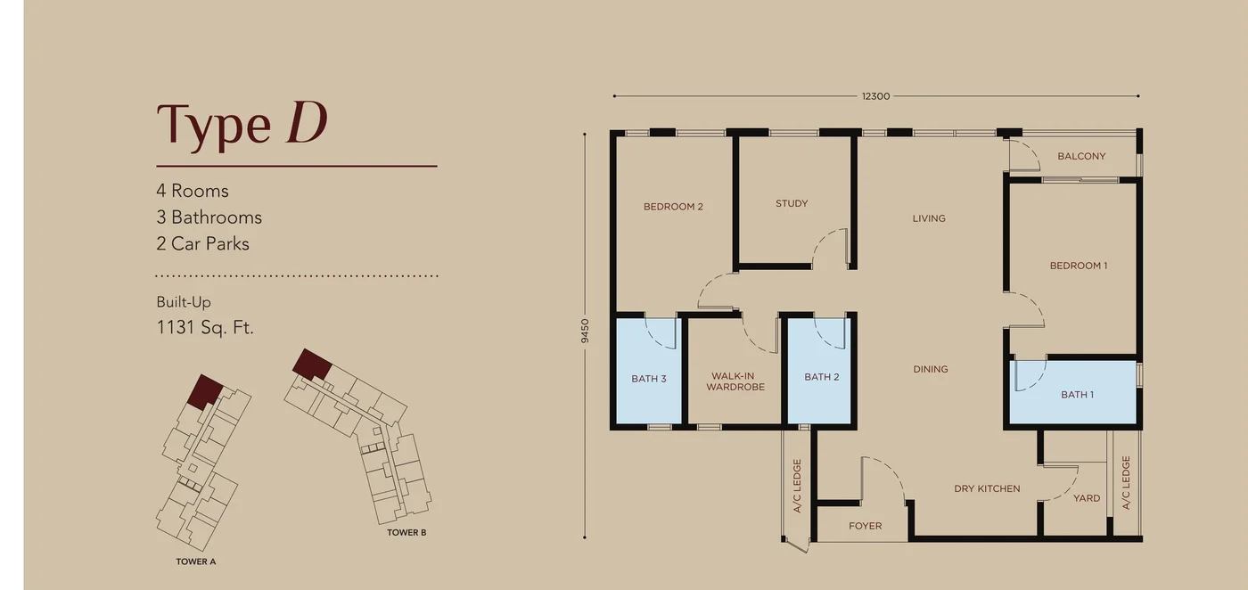 Residensi Bayu Damai Type D official floor plan, 1131 sq ft, 4 rooms 3 bathrooms